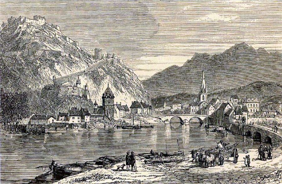 Vue de la Bastille, de l'&eacute;glise St-Andr&eacute; &agrave; grenoble depuis les berges de l'Is&egrave;re vers 1890