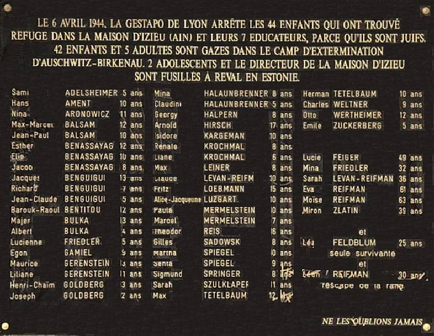 plaque comm&eacute;moratice des enfants d'Izieu