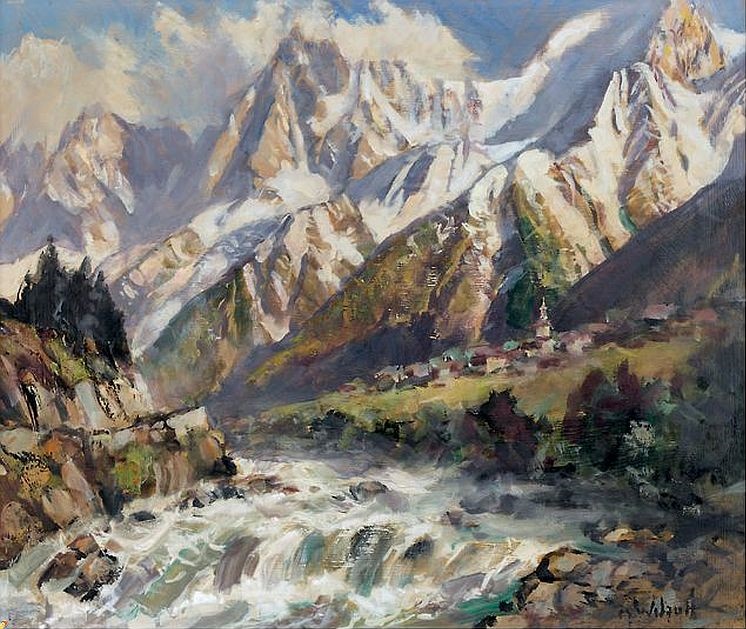 aiguilles de Chamonix,village des Houche et l'Arve  par Marcel Wibault