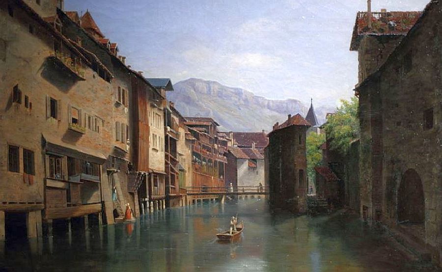 les rives du Thiou &agrave; Annecy, avant la  cr&eacute;ation des quais de 1854