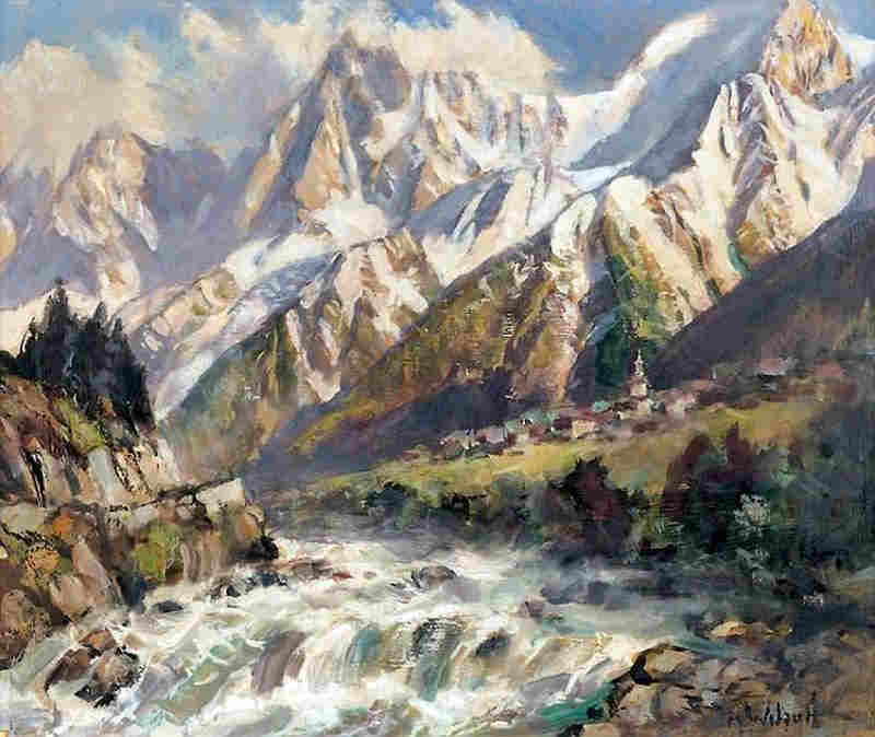 L'Arve, le  village des Houches et les aiguilles de Chamonix par Marcel Wibault