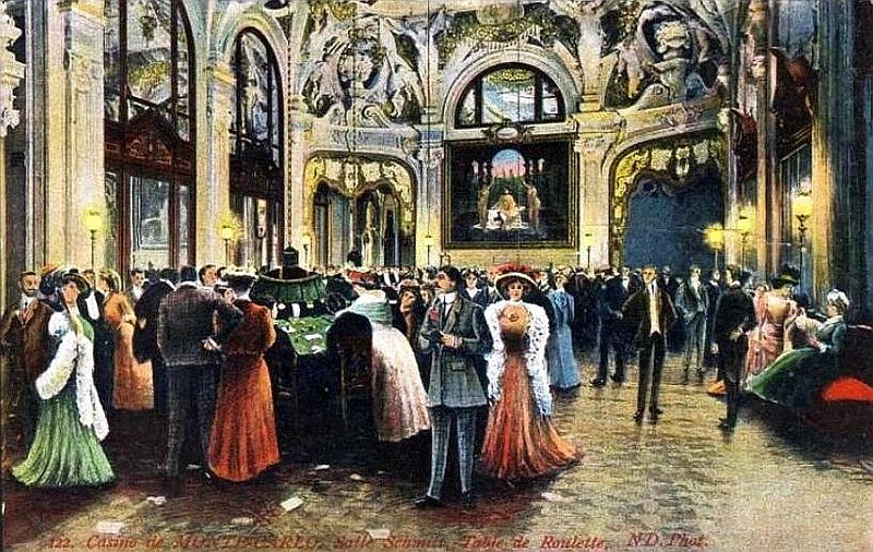Foule autour de la table de roulette, salle Schmitt, casino de Monte-Carlo, années 1900